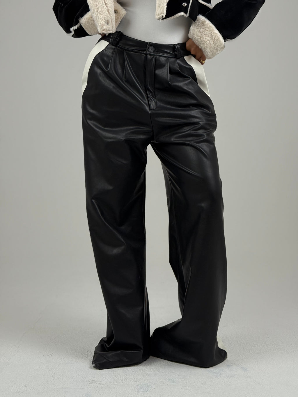Leather Wide Leg Trousers With Side Band