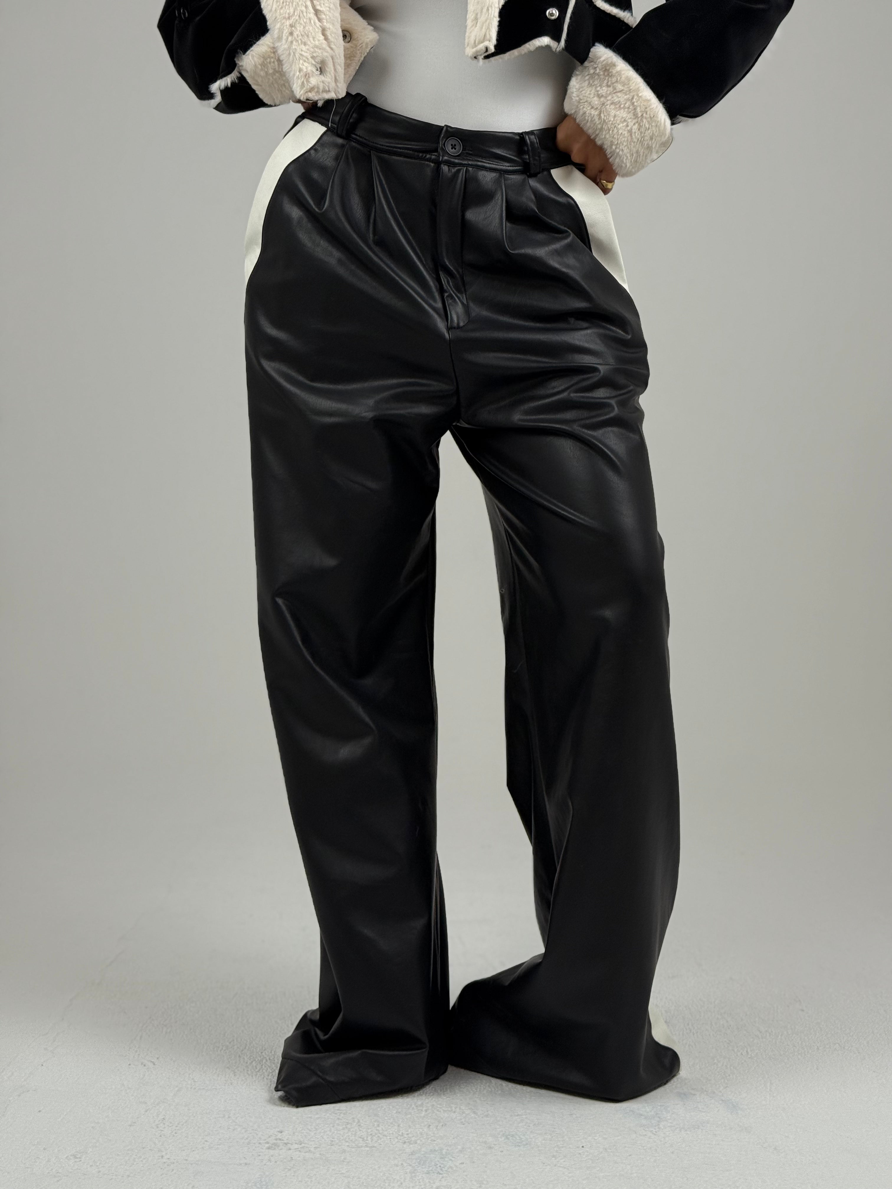 Leather Wide Leg Trousers With Side Band