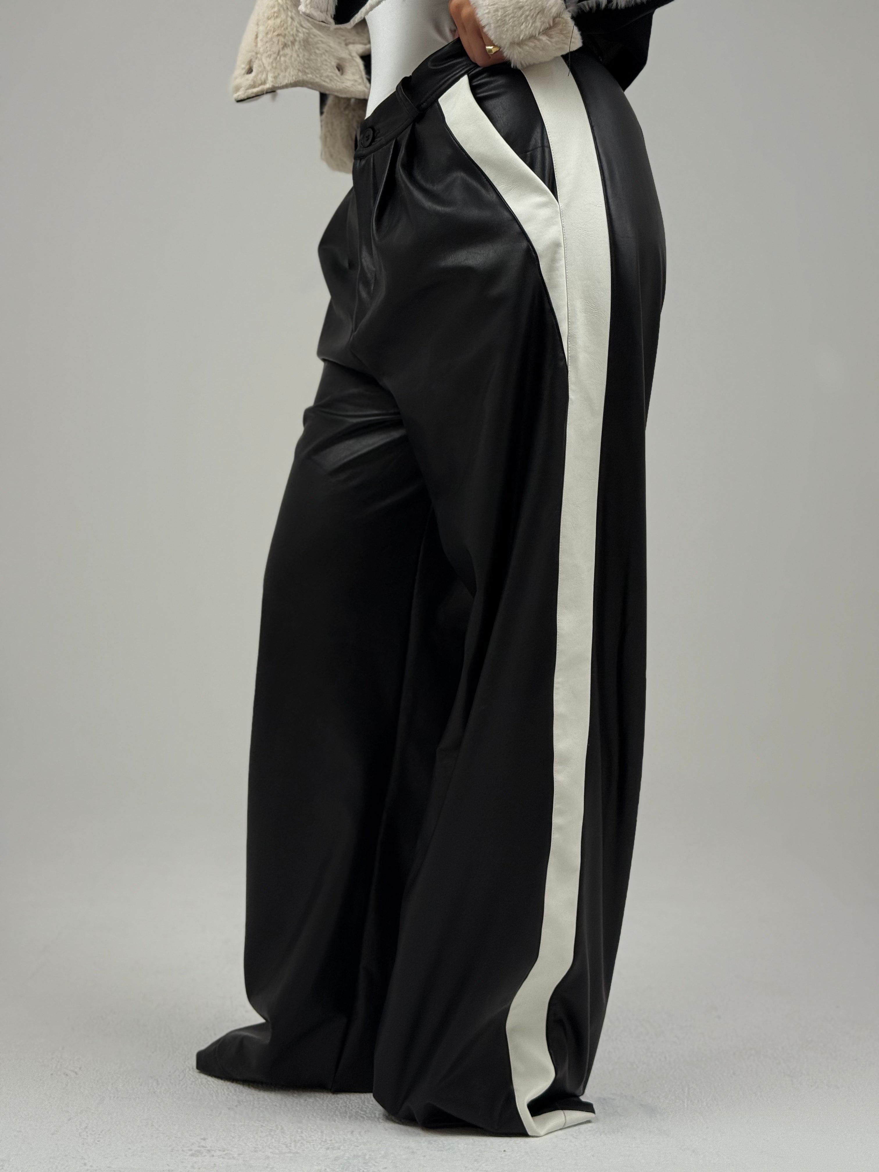 Leather Wide Leg Trousers With Side Band