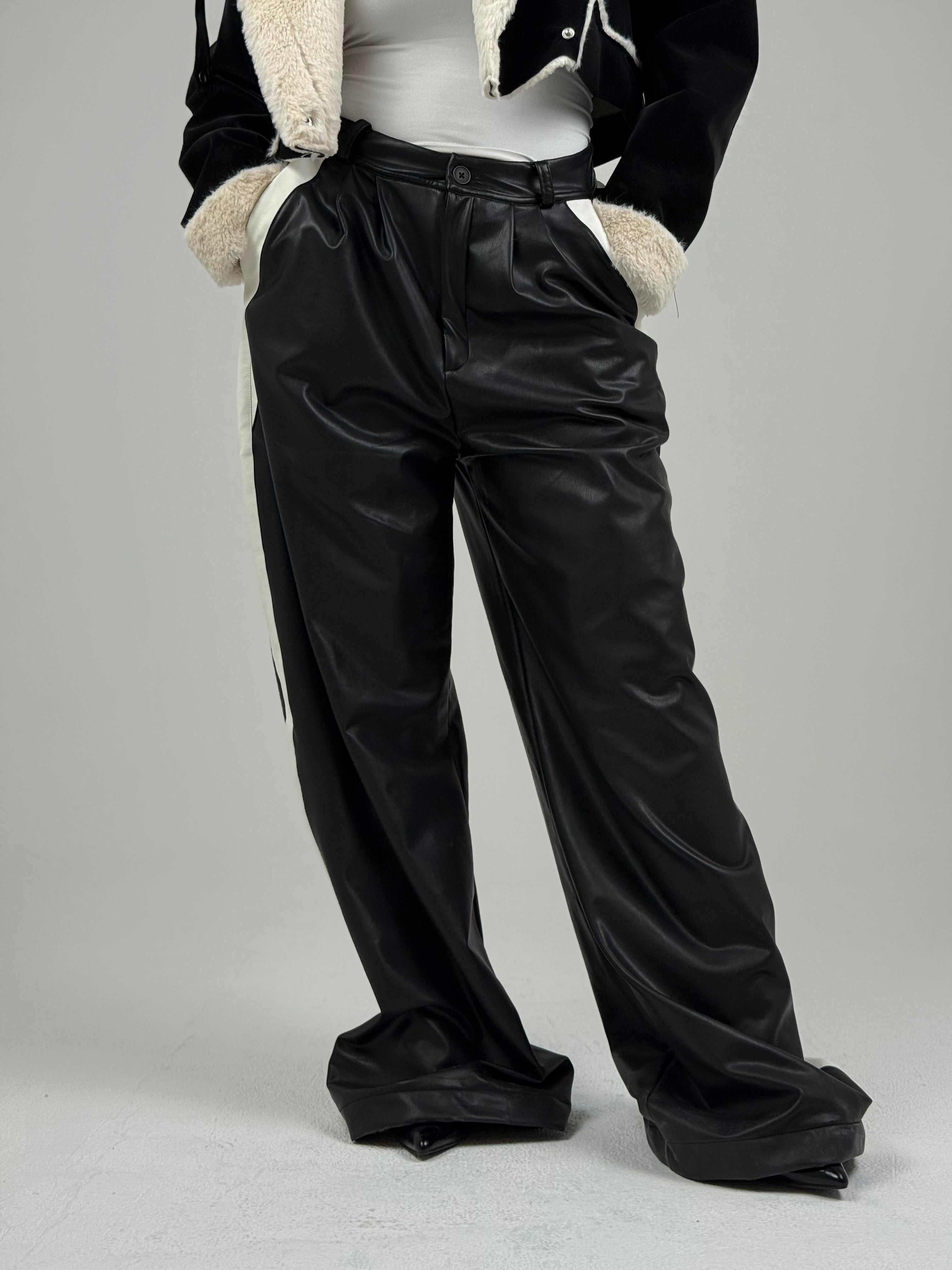 Leather Wide Leg Trousers With Side Band