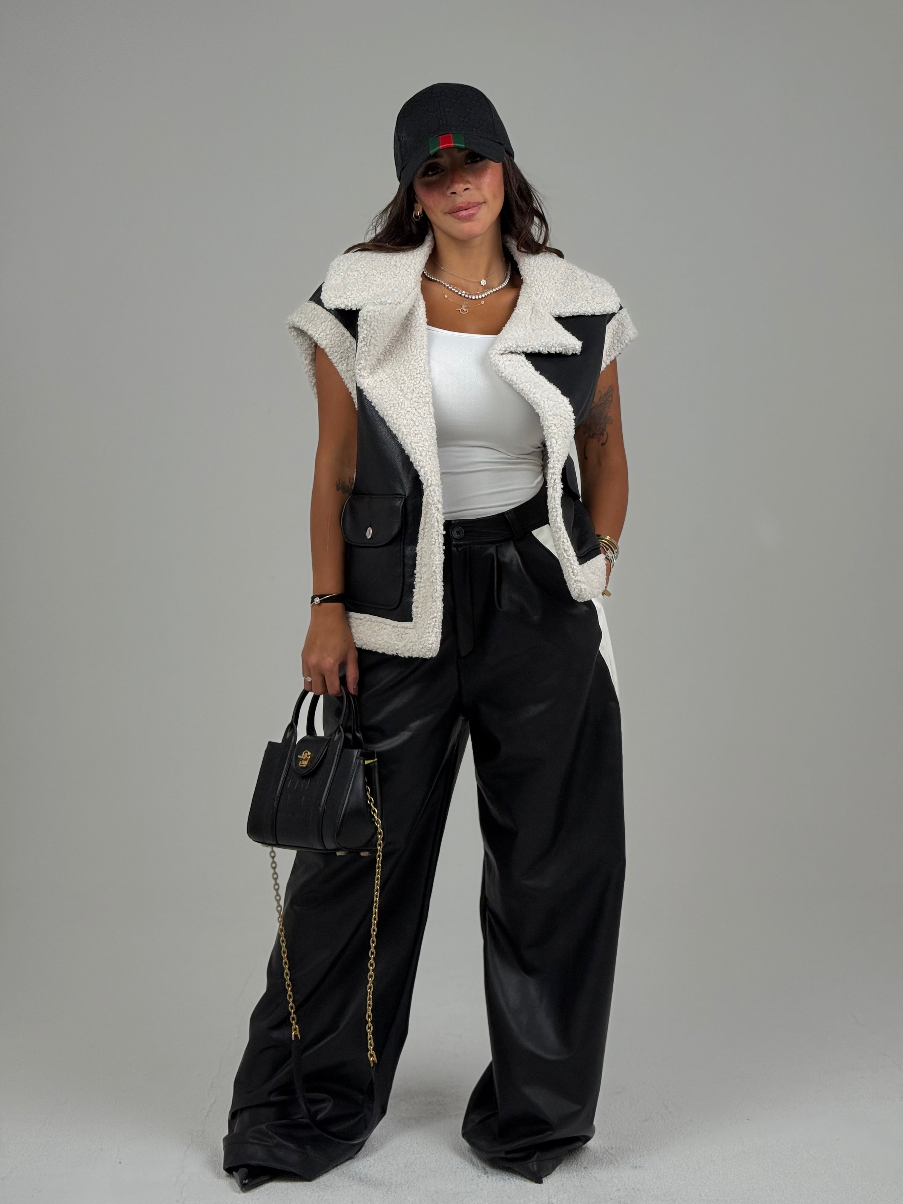 Leather Wide Leg Trousers With Side Band