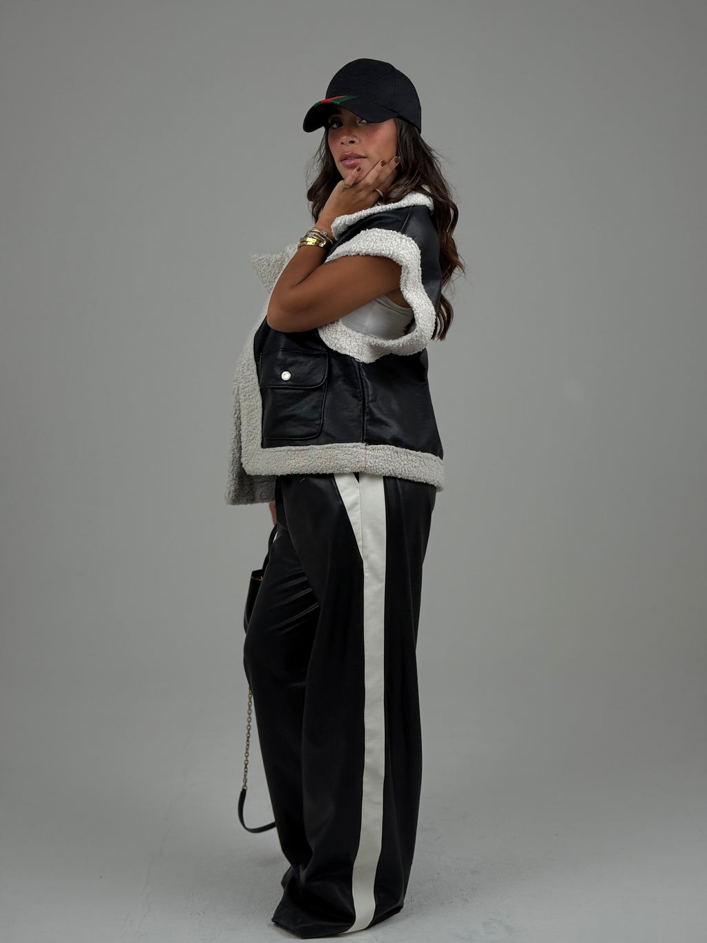 Leather Wide Leg Trousers With Side Band